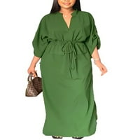 Niuer Női Maxi Ruhák Roll Sleeve Hosszú Ruha Egyszínű Nyári Strand Sundress Alkalmi V Nyakú Zöld M