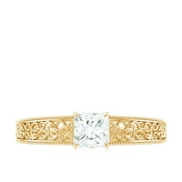 Princess Cut Solitaire Moissanite eljegyzési gyűrű, arany filigrán gyűrű nőknek, 14k sárga arany, US 7.00