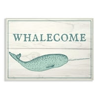A Stupell Home Decor kollekció Kék-fehér bálnavadászat üdvözlő Narwhal deszkák Túlméretezett Falplakett Art, 12. 0.