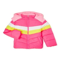 Rózsaszín Platina Lányok Chevron Colorblock Kapucnis Puffer Kabát, Méretek 4-16