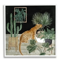 Stupell Industries Leopard a különféle növények között kaktusz deszkás padló grafikus fehér keretes művészet nyomtatott