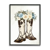 Cowboy csizma vegyes virágcsokor botanikai és virágos grafikus művészet fekete keretes művészet nyomtatott fali művészet
