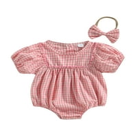 Csecsemő baba lányok kockás Romper baba Rövid ujjú Romper fodros Fesztivál ruhák nyári ruhák fejpánt Rózsaszín 0 hónapos